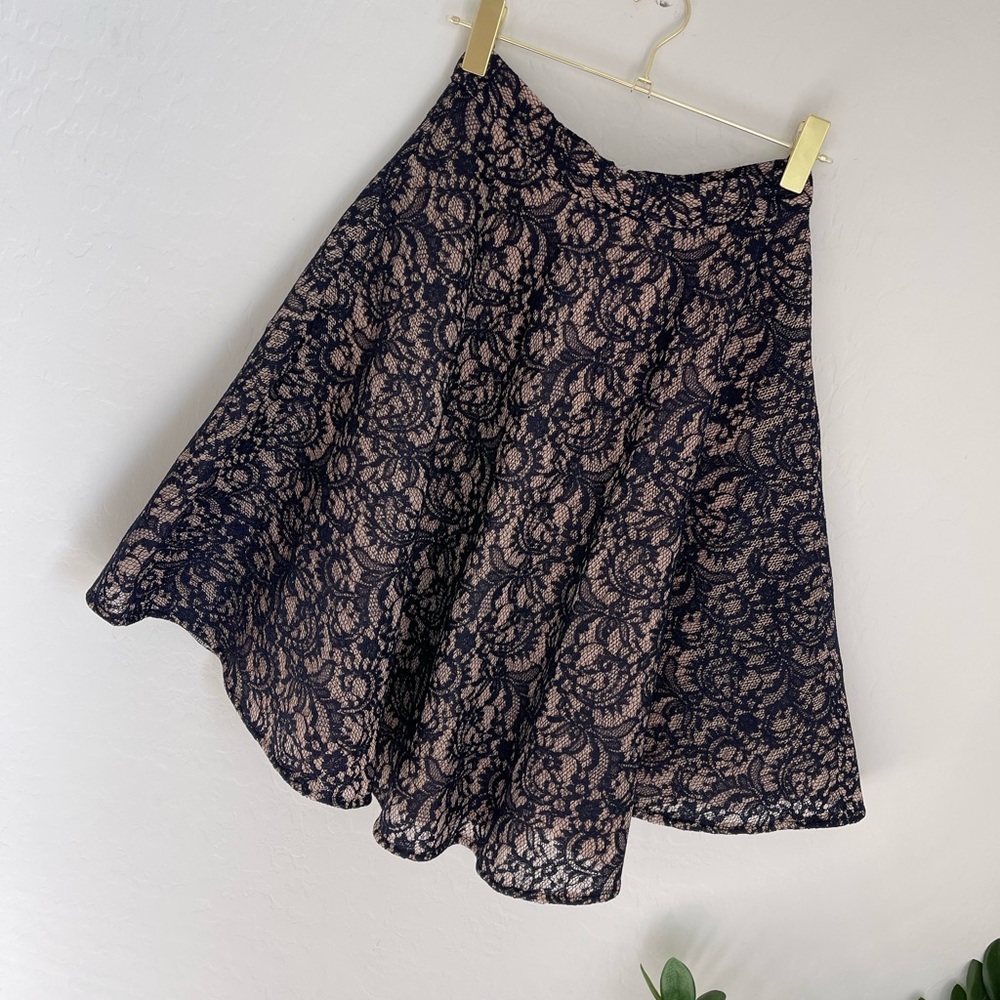 Vanessa Virginia Anthropologie Navy Blue Lace Flare Skirt Sz Small - Picture 2 of 8